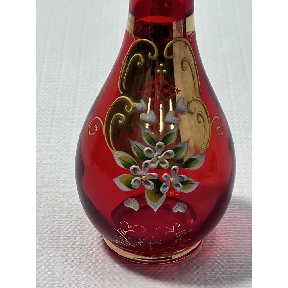 Vintage‎ Japan Emerald Red Bud Vase 8”Gold Gilding Hand Painted Flowers Moriage